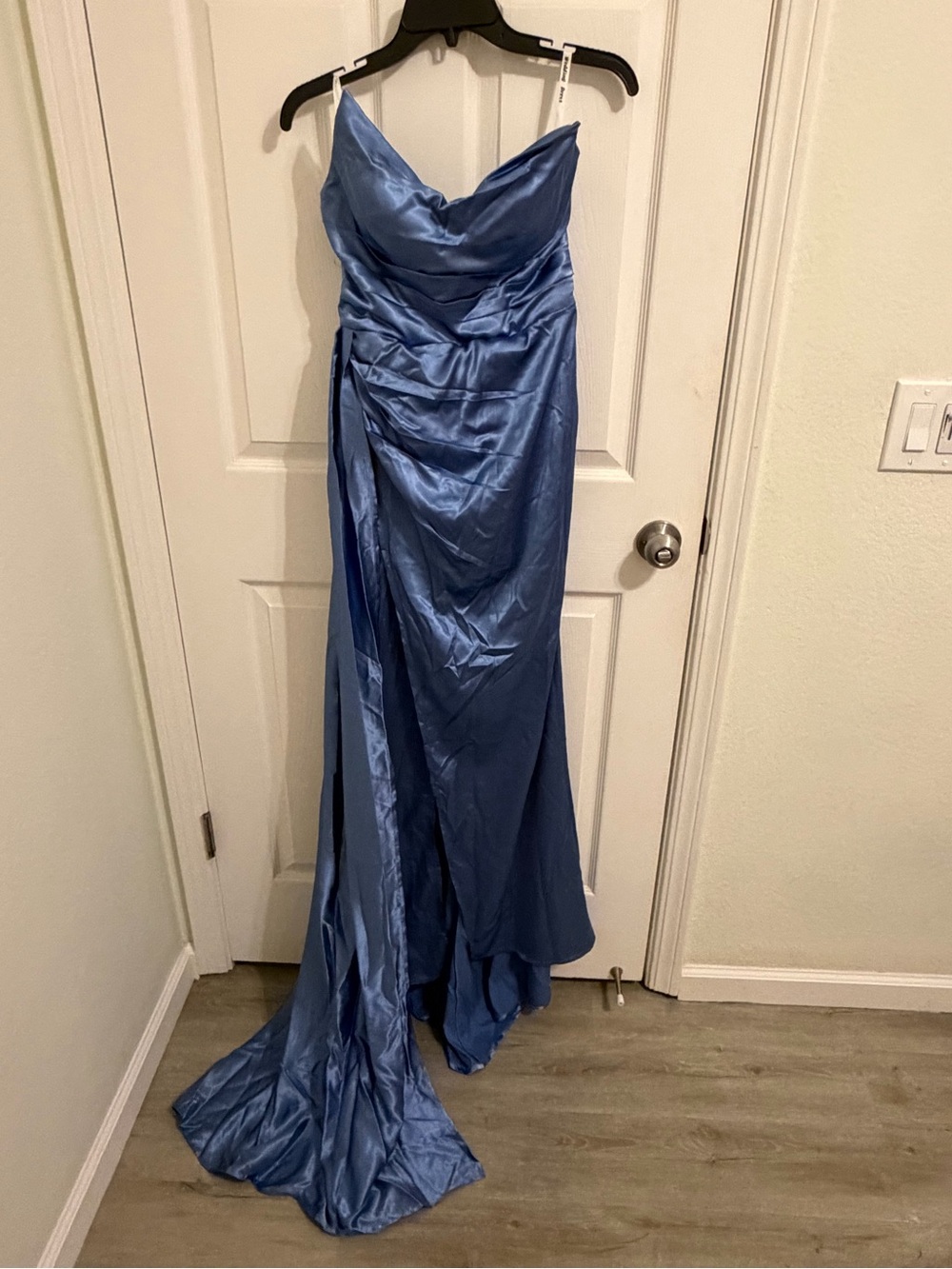 Elegant Blue Satin Evening Gown - Strapless Ruched Design